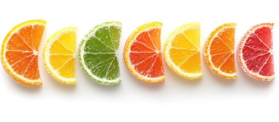 Poster - Multicolored citrus marmalade slices coated in sugar on a white background. with copy space image. Place for adding text or design