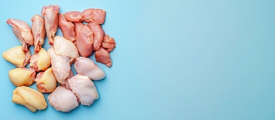 Poster - Chicken meat selection Raw pieces drumstick breast fillet wings thigh Blue background Top view Copyspace