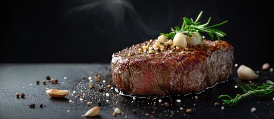 Poster - Beef steak topped with garlic and spices accompanied by black copy space