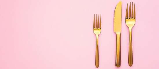 Fototapete - Top view of a golden knife and fork on a pink background. with copy space image. Place for adding text or design
