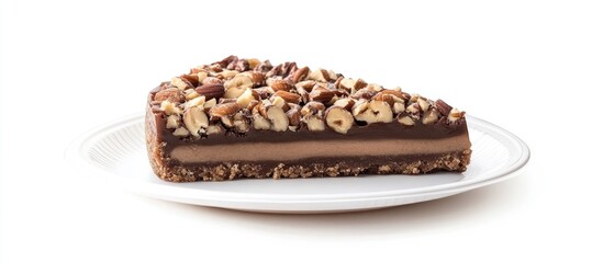 Poster - Walnut toffee cake on a plastic plate with copy space isolated on a white background with a clipping path