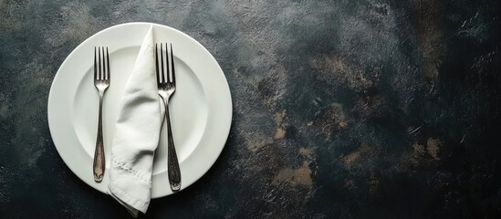 Fototapete - White craft plate cutlery and napkin on a dark stone table Top view copy space table setting Background for a menu layout area for text recipe backdrop
