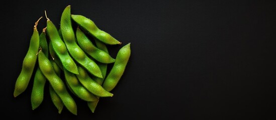 Leinwandbilder - Edamame green soybeans on a black background. with copy space image. Place for adding text or design