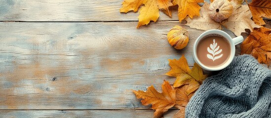 Aufkleber - Autumn arrangement Hot chocolate autumn leaves and a scarf on a light wooden background Flat lay top view copyspace