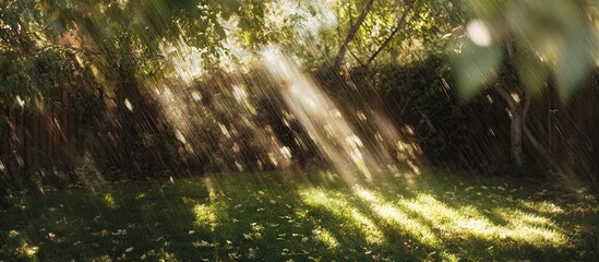Poster - Blurred image of sunlight filtering through the leaves of trees in the yard. with copy space image. Place for adding text or design