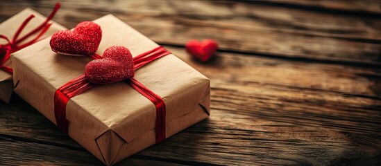 Poster - Valentine s Day gifts in a vintage style on a wooden background. with copy space image. Place for adding text or design
