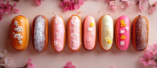 Fototapete - spring eclairs petite eclairs in spring shades. with copy space image. Place for adding text or design