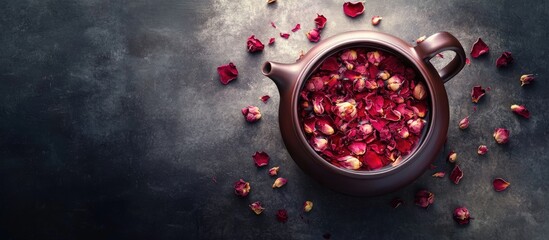 Aufkleber - Teapot containing a detox beverage made from dried red and pink rose flower buds tea. with copy space image. Place for adding text or design
