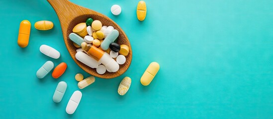 Poster - Top view of a variety of vitamin and mineral pills in a wooden spoon against a colored background An overhead look at assorted pharmaceutical medicine pills Healthcare product for dietary supplemen