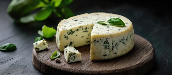 Leinwandbilder - Green cheese with basil and herbs Rustic design Free copyspace