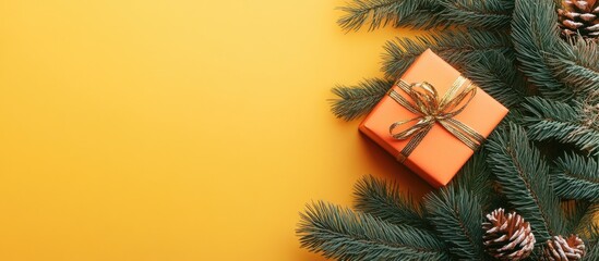 Aufkleber - Fir tree branches and a gift box against a yellow and orange background Top view flat lay. with copy space image. Place for adding text or design