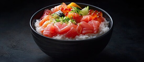 Aufkleber - Make chirashi sushi a Japanese dish consisting of rice topped with ingredients like sashimi. with copy space image. Place for adding text or design