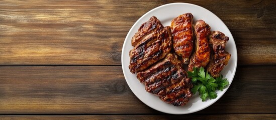 Poster - Pork and chicken spicy steaks on a white plate on a wooden table with copyspace