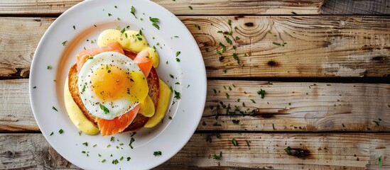 Aufkleber - Salmon Egg Benedict on a white plate on a wooden table top view. with copy space image. Place for adding text or design