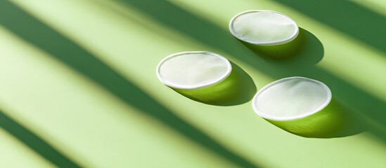 Poster - Eye patches placed on a green background Concept of facial care and beauty treatment Morning skincare routine. with copy space image. Place for adding text or design