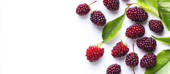 Leinwandbilder - Top view and copy space of a group of fresh mulberries on a white background