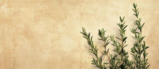 Fototapete - textured stylish vintage paper background square featuring young rosemary sprigs. with copy space image. Place for adding text or design