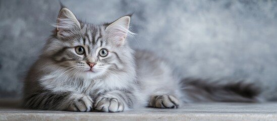 Poster - Siberian breed female cat gray silver in color Attractive kitten resting comfortably. with copy space image. Place for adding text or design