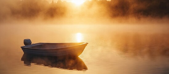 Poster - A small motorboat sits on calm water as the beautiful golden sun shines through thick fog over the lake during early sunrise copy space