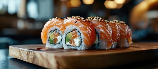Aufkleber - Sushi featuring salmon cream cheese omelet eel sesame seeds avocado nori Teriyaki sauce and rice presented on a wooden plate against a dark backdrop. with copy space image