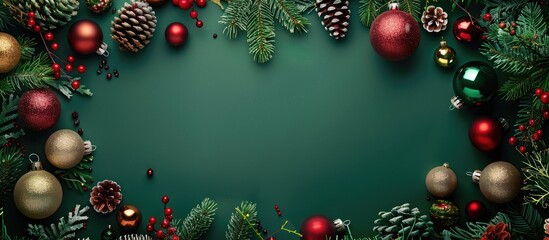 Poster - Vibrant green New Year Noel and Christmas backdrop featuring red green and golden ornaments fir tree balls and decorations Flat lay top view copyspace