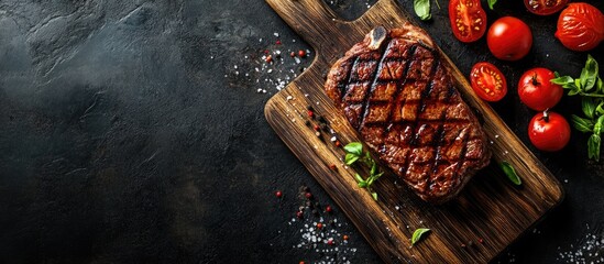 Poster - steak beef fresh fried grilled delicious food tasty appetizer meal snack on the table copy space food background rustic top view
