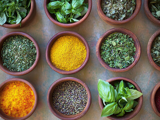 colorful spices and herbs arranged in wooden bowls on rustic surface