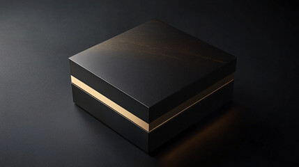 black luxury gift box with gold trim on dark background