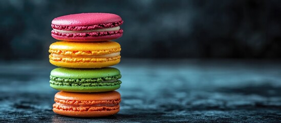 Poster - A stack of colorful and sweet French macaroons set against a dark rock backdrop. with copy space image. Place for adding text or design