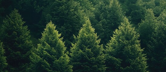 Fototapete - Green spruce trees in the forest Background Textures. with copy space image. Place for adding text or design