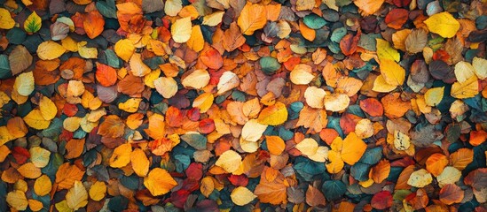 Poster - Colorful autumnal carpet made of leaves. with copy space image. Place for adding text or design