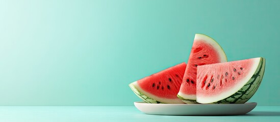 Aufkleber - A half watermelon and a slice of watermelon are placed on a plate against a pastel blue background Healthy Summer Snack Idea copyspace