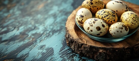 Poster - Quail eggs in a glass on a rustic board Top view copy space