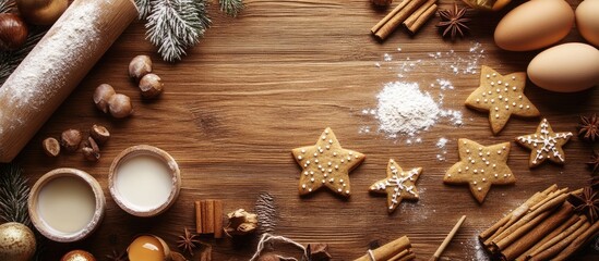 Poster - Christmas baking Ginger dough for gingerbread gingerbread men stars Christmas trees rolling pin spices cinnamon and anise flour cane sugar eggs On the wooden kitchen table at home Copyspace top vie