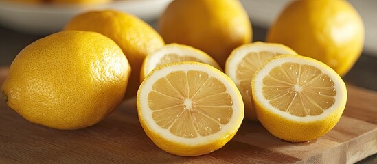 Poster - lemons sliced open on a cutting board. with copy space image. Place for adding text or design