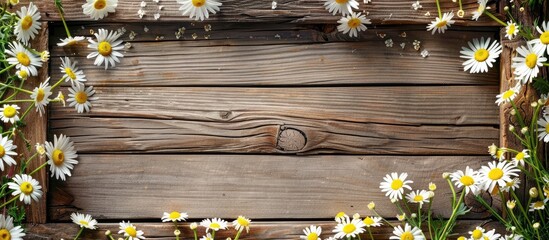 Poster - Daisy flowers within a wooden frame. with copy space image. Place for adding text or design