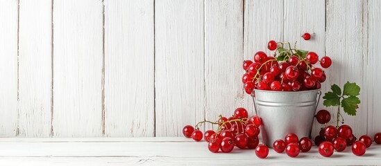 Leinwandbilder - Fresh red currants and a bucket isolated on a white wooden background in a flat lay The image has copy space