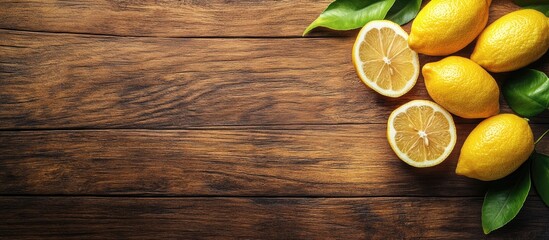 Leinwandbilder - wood table featuring freshly squeezed lemon juice and lemon slices. with copy space image. Place for adding text or design