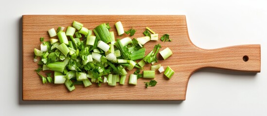 Poster - Close up of freshly chopped leek on a wooden cutting board Isolated on a white background with copyspace Cooking idea