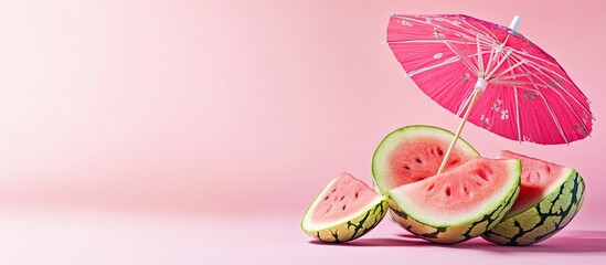 Leinwandbilder - Whole and sliced ripe watermelon with a cocktail umbrella on a pink background Copy space Stylish summer idea