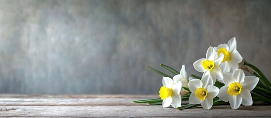 Poster - Fresh narcissus flowers on a wooden table set against a grey wall background. with copy space image. Place for adding text or design