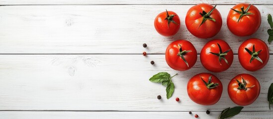 Poster - Creative flat lay top view mockup featuring exotic Spanish Mar Azul tomatoes on a white wooden table background with copy space A minimal house cooking concept mockup for a blog or recipe book