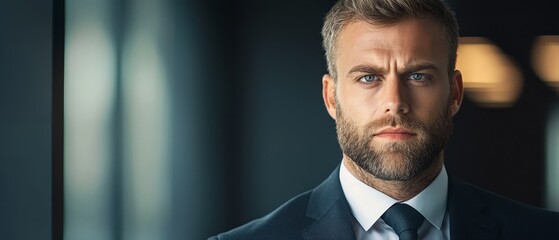  A man in a suit and tie gazes intently into the camera with a serious expression