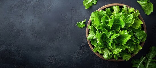 Poster - Fresh green lettuce salad on a dark background with top view copy space