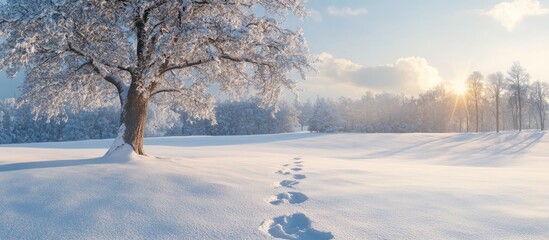 Leinwandbilder - Strong oak tree snow laden field human footprints in new snow Woodland meadow Bright sunlight Winter paradise Ecology ecotourism environmental protection holiday vacations skiing