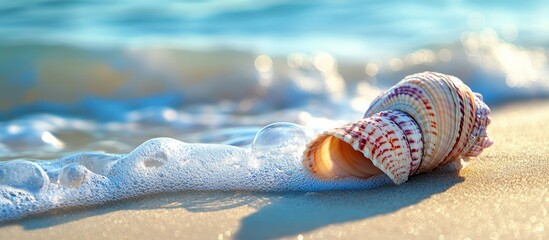 Poster - Tranquil and calm ocean water view Close up of a colorful patterned exotic seashell on a sunlit sandy beach suitable for background or copyspace Bubbles in small waves