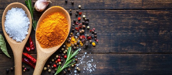 Leinwandbilder - Spices in a wooden spoon Herbs including curry saffron turmeric rosemary cinnamon garlic pepper and anise on a rustic wooden background A collection of spices and herbs features salt and paprika Co