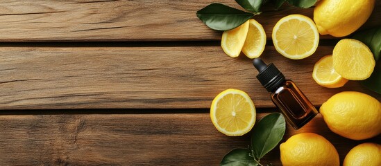 Poster - Bottle of lemon essential oil placed on a wooden background. with copy space image. Place for adding text or design