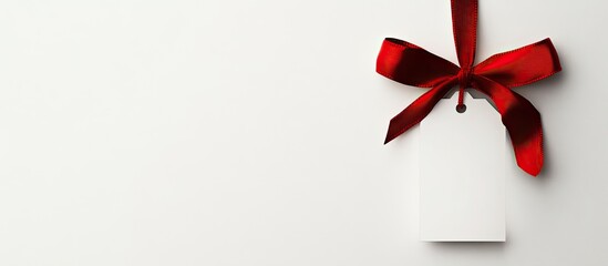 Wall Mural - A blank gift or price tag attached with a red ribbon set against a white background. with copy space image. Place for adding text or design