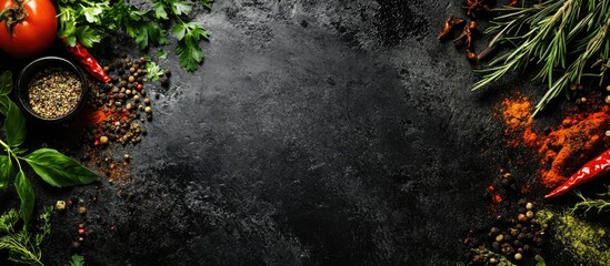 Fototapete - Selection of spices herbs and greens Cooking ingredients Food background on a black slate table Top view copyspace